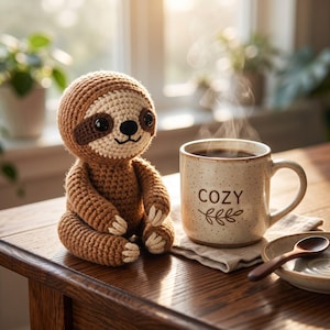 Puede incluir: Un peluche de perezoso tejido a ganchillo en marrón y crema con ojos negros y nariz cosida, junto a una taza de cerámica moteada con la palabra COZY y un gráfico de hoja impreso, acompañado de una pequeña cuchara de madera en un platillo.