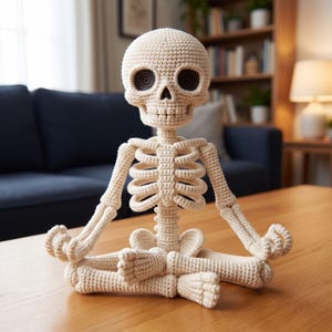 Op de afbeelding: Een crèmekleurig gehaakt skeletfiguur dat in een kleermakerszit mediteert. Het figuur heeft een gedetailleerde schedel met donkere ronde oogkassen, een borstkas en gearticuleerde ledematen met de handen rustend op de knieën.