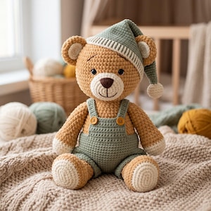 May include: A crocheted teddy bear with light brown fur, wearing a sage green nightcap with a white pom-pom and matching sage green overalls featuring two small wooden buttons. The bear has cream-colored paws and a dark brown stitched nose.
