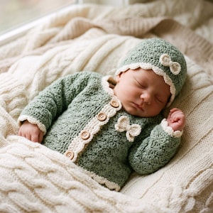 Modello PDF per cardigan da neonato all'uncinetto / Set maglione e cappellino per neonato / Cardigan raglan lavorato dall'alto verso il basso / 3 taglie / Download immediato / Principiante