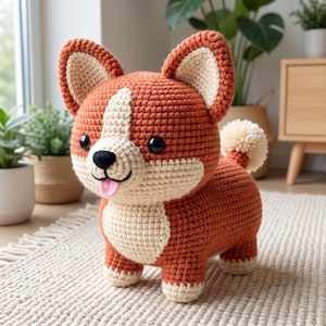 Könnte beinhalten: Ein handgefertigtes Häkel-Plüschtier in Form eines Corgi-Hundes. Die Figur besteht aus rostorangefarbenem und cremefarbenem Garn, hat große spitze Ohren, schwarze Kunststoffaugen, eine schwarz gestickte Nase, eine kleine rosa Filzzunge und einen flauschigen weißen Pompon-Schwanz.