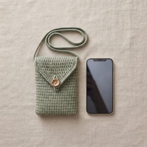May include: A sage green crochet crossbody bag featuring a triangular flap closure secured with a single light brown wooden button and a long matching strap, positioned next to a black smartphone with a reflective screen for size comparison.
