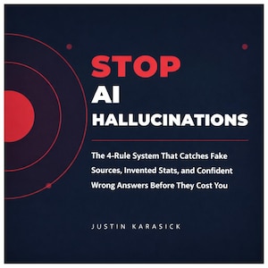 Op de afbeelding: Boekomslag met de titel "STOP AI HALLUCINATIONS" in rode en witte tekst. De omslag bevat ook de ondertitel "The 4-Rule System That Catches Fake Sources, Invented Stats, and Confident Wrong Answers Before They Cost You."