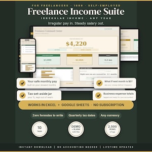 May include: A digital Freelance Income Suite dashboard displayed on a laptop, smartphone, and tablet screen. The interface features financial tracking tools, income summaries, and tax planning modules with text including 'Works in Excel + Google Sheets' and 'No Subscription'. The design uses a dark green, cream, and gold color palette with various icons and data entry fields for self-employed income management.