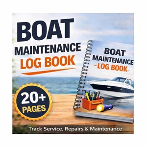 Könnte beinhalten: Ein Bootswartungs-Logbuch mit dem Text "BOAT MAINTENANCE LOG BOOK". Das Cover zeigt ein Boot auf dem Wasser. Eine orangefarbene Werkzeugkiste, Stifte und eine Taschenlampe befinden sich auf der Holzoberfläche. Das Bild enthält auch ein goldenes Abzeichen mit der Aufschrift "20+ PAGES".