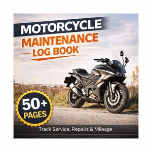 Pode incluir: Um livro de registro de manutenção de motocicletas com o título "Motorcycle Maintenance Log Book" em texto branco e laranja. A imagem apresenta uma motocicleta preta em uma estrada de cascalho, com o texto "Track Service, Repairs & Mileage" e um distintivo que diz "50+ Pages".