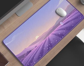 Tappetino da scrivania con campi al tramonto color lavanda / Tappetino per mouse minimalista con paesaggio viola / Decorazione per postazione di lavoro dai colori pastello tenui
