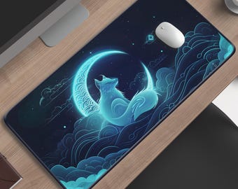 Alfombrilla de escritorio Neon Fox Moon / Alfombrilla de ratón para juegos con diseño de animales místicos, Noche de ensueño