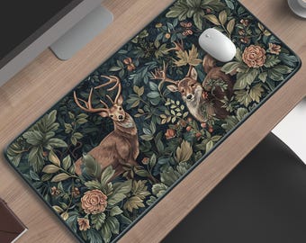 Tappetino da scrivania vintage con cervo del bosco / Tappetino per mouse con arazzo floreale e animali della foresta