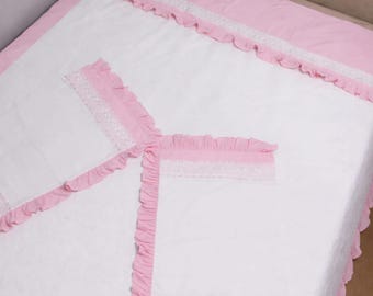 Handmade Cotton Bedspread Set Pink Ruffle Lace Bedding Shabby Chic Cottage Style 2 Pillowcases Included Soft Romantic Quilt