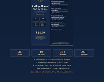 College Safety Guide for Parents | 36 Page Printable PDF | FERPA HIPAA Forms | Safe Word System | Emergency Plan | Move-In Day Checklist