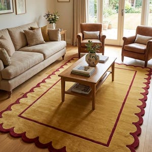 Mustard Gold Rug, Hand Tufted Wool Area Rug, Maroon Scalloped Border, Rectangle Bordered Rug, Living Room Bedroom Decor, Custom Size