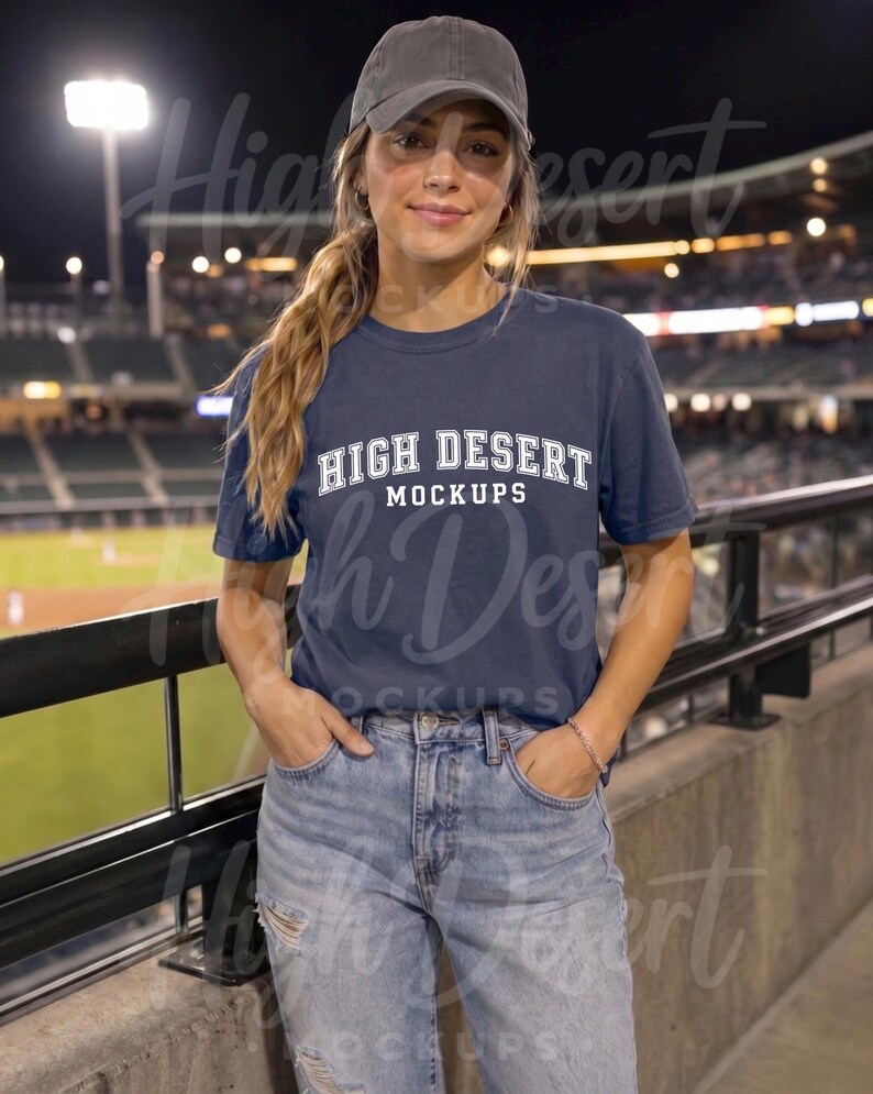 Peut inclure: Un t-shirt bleu marine &agrave; manches courtes avec le texte blanc "HIGH DESERT MOCKUPS" imprim&eacute; sur la poitrine dans une police universitaire, associ&eacute; &agrave; une casquette de baseball grise unie et un jean bleu clair avec des d&eacute;tails us&eacute;s.