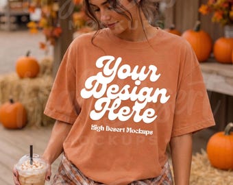 Mockup di maglietta Comfort Colors 1717 Yam, mockup per lo stile di vita autunnale, mockup autunnale per influencer, mockup per It Girl, mockup di t-shirt CC1717