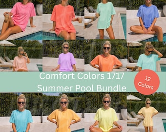 Pack de maquettes Comfort Colors 1717 pour la piscine : maquette de t-shirt CC1717 (12 couleurs), maquette de t-shirt oversize, maquette pour piscine d'été, maquette de kit de vacances à la demande.