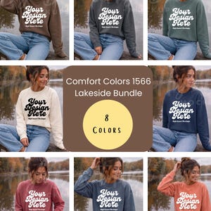 Könnte beinhalten: Ein Bündel von acht Comfort Colors 1566 Rundhals-Sweatshirts in verschiedenen Unifarben, die jeweils den weißen oder schwarzen Text Your Design Here und High Desert Mockups tragen, dargestellt in einem Raster aus acht Bildern.