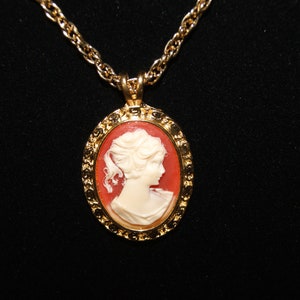 Peach Cameo - Victorian Woman Peach Cameo Necklace Jewelry on Chain