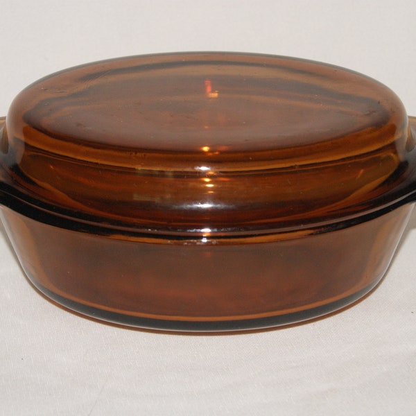 Anchor Hocking 433 Dk Amber Glass Copper Shine Casserole Dish w Lid Oval 1.5qt