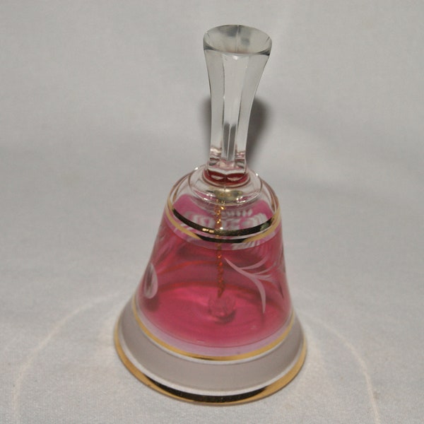 Beautiful Etched Cranberry Glass Bell - 5 1/2" Tall - With Hexagon Clear Handle