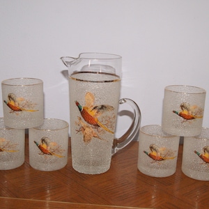 Pebble Rock Martini Pitcher with Ice Lip & 6 Low Ball Glasses - Vintage Pheasant Pebble Rock by West Virginia Glass Specialties