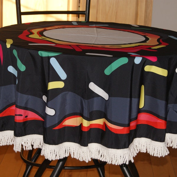 62" Round Polyester Tablecloth with Cotton Fringe - Black with Bright Colors