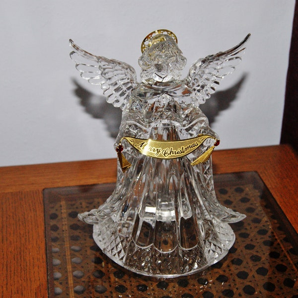 8" Clear Acrylic Angel Figurine or Tree Topper - with "Merry Christmas" Banner & Halo - Embedded Stars on Cloak