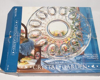 Crystal Garden Deviled Egg Plate - UNIQUE 11 3/4&quot; Glass Deviled Egg Plate Tray - Embossed Birds Hearts Butterflies Etc