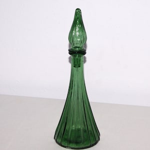 Green Glass Ribbed Bottle - With Stopper - 11&quot; Tall