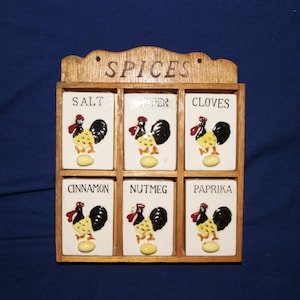 Vintage Ceramic Spice Jar Set: Rooster Design, Wood Rack, Made in Japan
