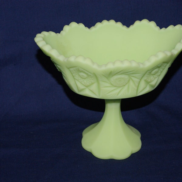 Fenton Green Custard Satin Uranium Glass - Oval Pedestal Dish - Pinwheel Design