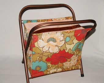 Vintage Folding Fabric Sewing Basket with Metal Carrying Handle