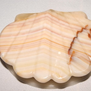 May include: A decorative, seashell-shaped trinket box. The box is carved from a creamy, translucent stone with warm, earthy tones of beige, orange, and brown. The shell design features a scalloped edge and detailed veining.