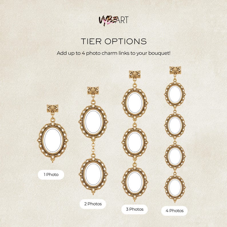May include: Gold-toned metal photo charm links for bouquets, featuring ornate oval frames. The text reads: WYBEART, TIER OPTIONS, Add up to 4 photo charm links to your bouquet!, 1 Photo, 2 Photos, 3 Photos, 4 Photos. Four vertical display options.