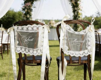 Personalized Lace Chair Signs “Just Married” – Sheer Wedding Chair Decor with Satin Ribbons Included, Custom Wedding Chair Banners