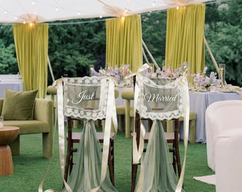 Personalized Lace Chair Signs “Just Married” – Sheer Wedding Chair Decor with Satin Ribbons Included, Custom Wedding Chair Banners