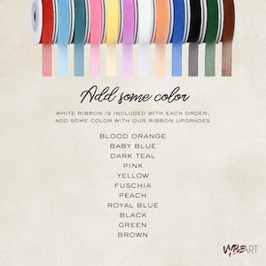 May include: A collection of twelve fabric ribbon spools in various colors including red, light blue, teal, pink, yellow, purple, white, peach, royal blue, black, green, and brown, with text listing the colors and the brand name WYBART.