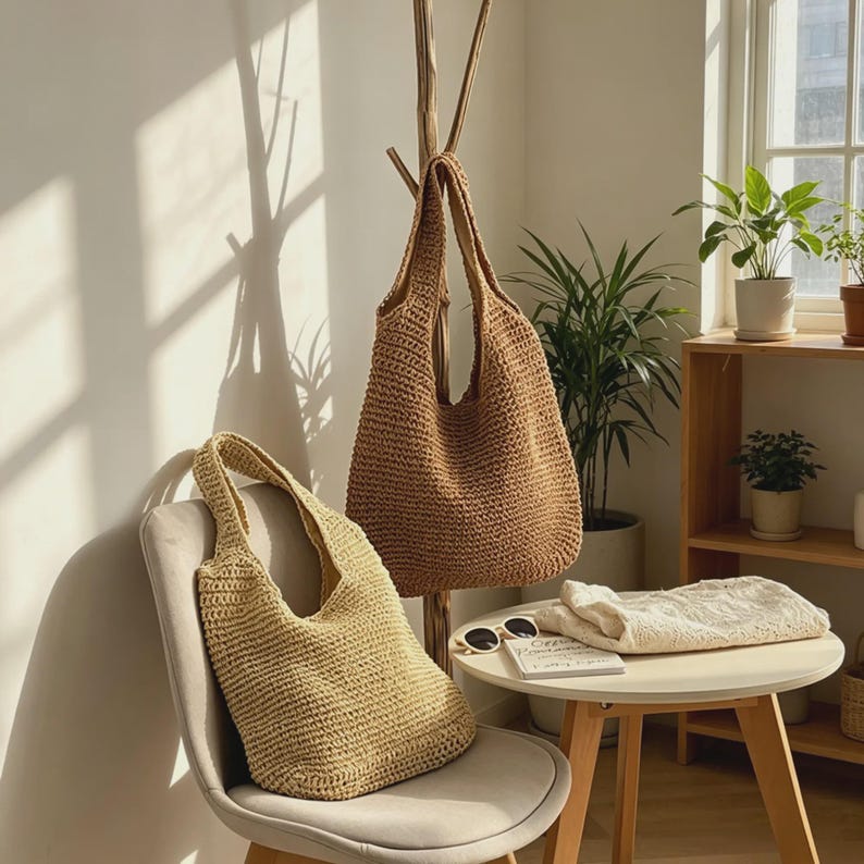 Puede incluir: Dos bolsos tote tejidos. Uno, de color beige claro, est&aacute; sobre una silla. El otro, marr&oacute;n oscuro, cuelga de un perchero de madera. Una peque&ntilde;a mesa tiene gafas de sol y un su&eacute;ter crema doblado.