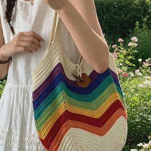 Sac cabas arc-en-ciel fait main au crochet, sac bandoulière tissé coloré, sac de plage bohème, sac de marché tricoté, cabas réutilisable, cadeau pour elle