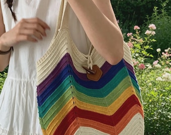Handmade Rainbow Crochet Tote Bag, Colorful Woven Shoulder Bag, Boho Beach Bag, Knit Market Bag, Reusable Tote, Gift for Her
