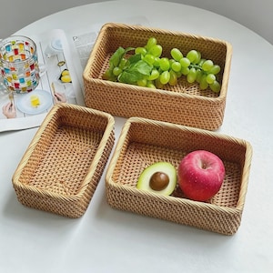 Vietnamese Autumn Rattan Storage Basket, Handwoven Rectangular Tray for Fruit, Snacks & Home Organizer