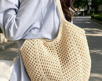 Handmade Crochet Tote Bag, Boho Hollow Out Knit Shoulder Purse with Flower, Summer Beach Bag, Large Capacity Vacation Hobo Bag