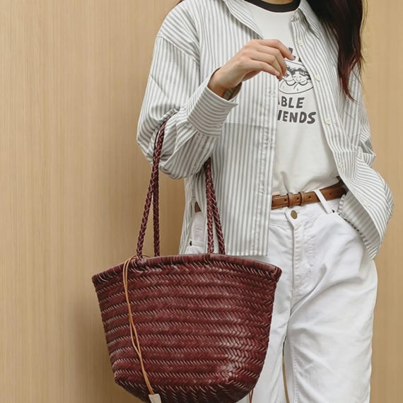 Handwoven Leather French Vintage Basket Bag, Women's Full-Grain Tote, Everyday Shoulder Purse