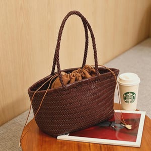 Sac panier vintage français en cuir tressé à la main, cabas en cuir pleine fleur pour femme, sac à bandoulière pour tous les jours Chocolate Brown