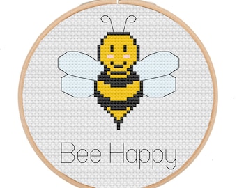 Cross Stitch Pattern - Bee Happy, Funny Gift, Pun, Cross Stitch for Beginners, DIY Craft, Unique, Modern Embroidery, INSTANT DOWNLOAD