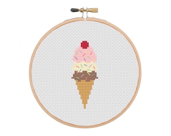 Cross Stitch Pattern - Three Scoop Ice Cream Cone, Summer, DIY, For Beginners, Unique, Modern Embroidery, INSTANT DOWNLOAD