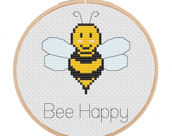 Bee Happy, Funny Gift, Pun, Cross Stitch for Beginners, DIY Craft, Unique, Modern Embroidery