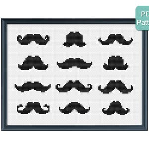 Puede incluir: Un patrón de punto de cruz en blanco y negro con 10 diseños de bigote diferentes en un marco negro. El texto "PDF Pattern" está en un cuadro verde en la esquina superior derecha de la imagen.