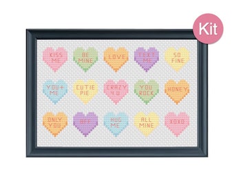 Cross Stitch Kit - Conversation Hearts, Valentines Day, Funny Gift Idea, DIY Craft, Unique Home Decor, Modern Embroidery, Learn to Stitch