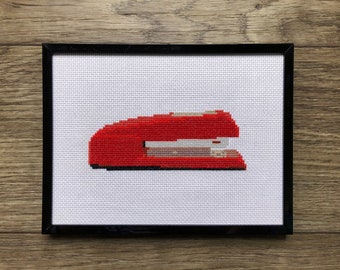Red Stapler, Completed Framed Cross Stitch, Office Decoration, Funny Gift Idea, Unique Home Decor, Modern Embroidery