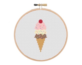 Three Scoop Ice Cream, Completed Cross Stitch, Summer Decor, Unique, Modern Embroidery, Cross Stitch Hoop